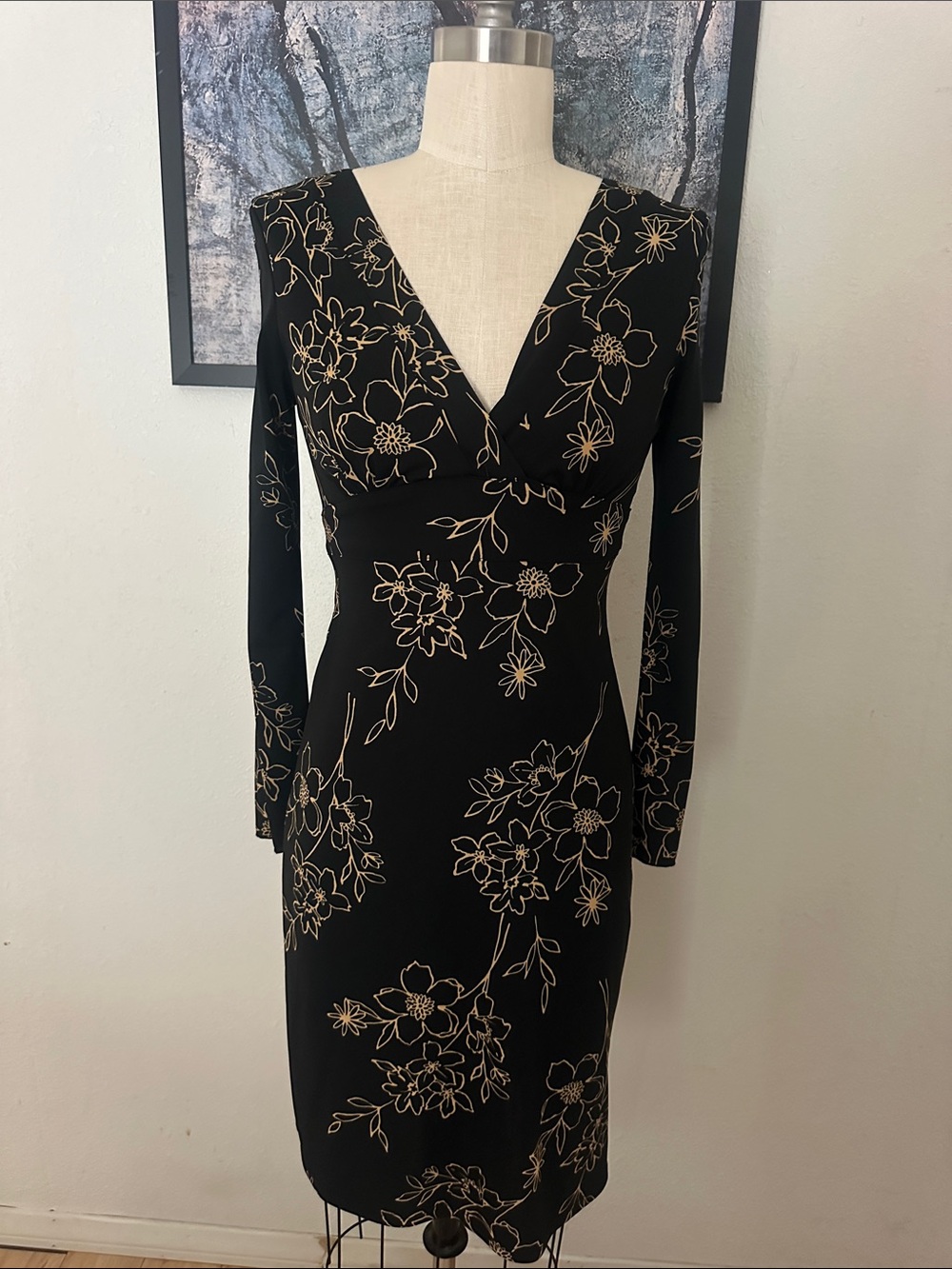 B Darlin Black Long Sleeve V-Neck Dress with Cream Floral Print
